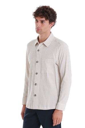 Bej Klasik Fit Çizgili Uzun Kollu Overshirt Gömlek Ceket | L