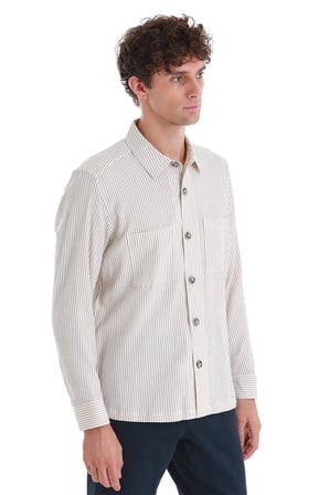 Bej Klasik Fit Çizgili Uzun Kollu Overshirt Gömlek Ceket | L