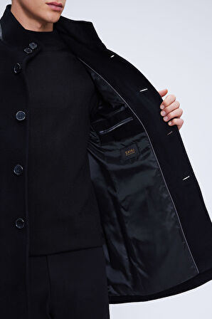 Siyah Regular Fit Hakim Yaka Yünlü Kaşe Palto | L