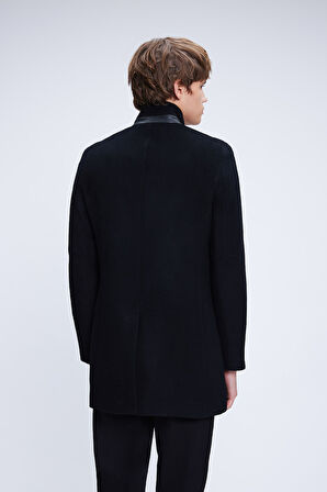 Siyah Regular Fit Hakim Yaka Yünlü Kaşe Palto | L