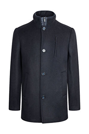 Lacivert Slim Fit Hakim Yaka Yünlü Basic Palto | XL