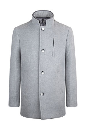 Gri Slim Fit Hakim Yaka Yünlü Basic Palto | XXL