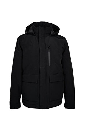 Siyah Regular Fit Hakim Yaka Kapüşonlu Kaban | XL