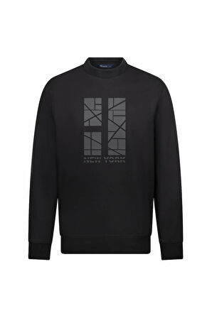 Siyah Regular Fit Baskılı Pamuklu Bisiklet Yaka Sweatshirt | M