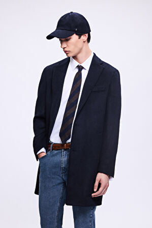 Lacivert Slim Fit Ceket Yaka Yünlü Kaşe Palto | XL