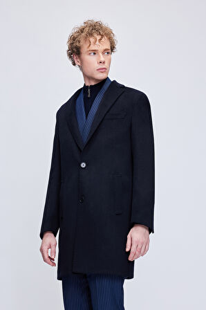 Lacivert Slim Fit Ceket Yaka Yünlü Kaşe Palto | XL