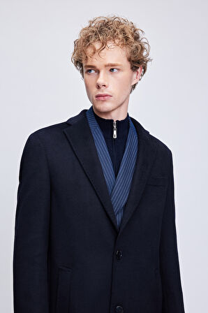 Lacivert Slim Fit Ceket Yaka Yünlü Kaşe Palto | XL