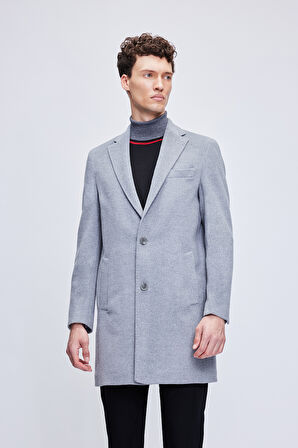 Gri Slim Fit Ceket Yaka Yünlü Kaşe Palto | XL