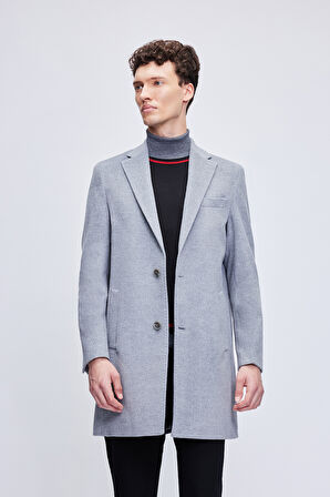 Gri Slim Fit Ceket Yaka Yünlü Kaşe Palto | XL