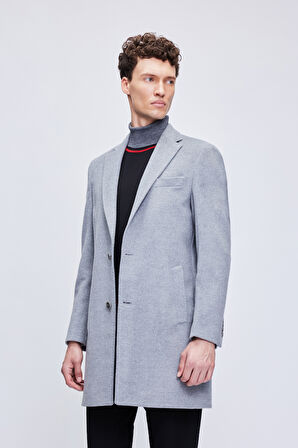 Gri Slim Fit Ceket Yaka Yünlü Kaşe Palto | XL