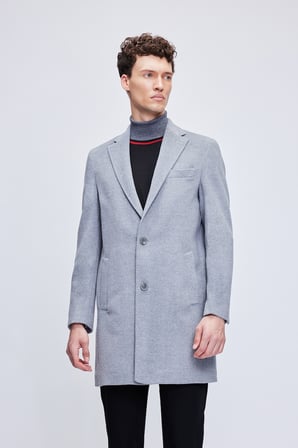 Gri Slim Fit Ceket Yaka Yünlü Kaşe Palto | XXL