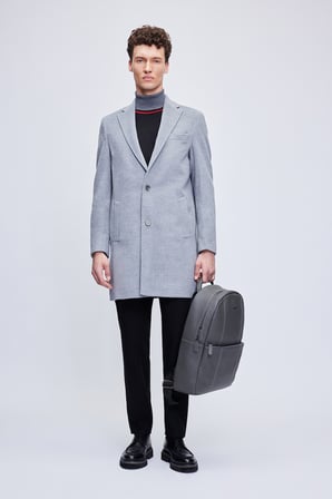 Gri Slim Fit Ceket Yaka Yünlü Kaşe Palto | XXL