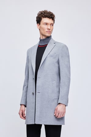 Gri Slim Fit Ceket Yaka Yünlü Kaşe Palto | XXL