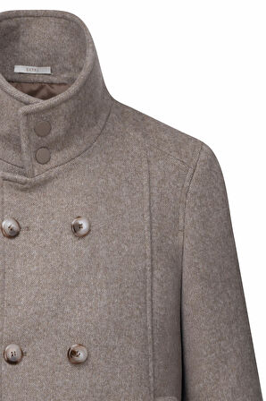 Kahverengi Slim Fit Kruvaze Yünlü Kaşe Kaban | XL