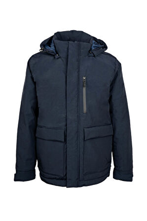 Lacivert Regular Fit Hakim Yaka Kapüşonlu Kaban | L