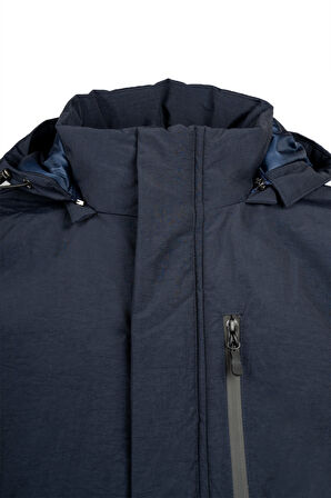 Lacivert Regular Fit Hakim Yaka Kapüşonlu Kaban | L