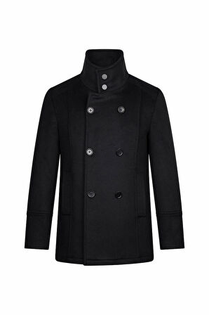 Siyah Slim Fit Kruvaze Yünlü Kaşe Kaban | M