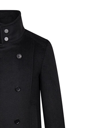 Siyah Slim Fit Kruvaze Yünlü Kaşe Kaban | M