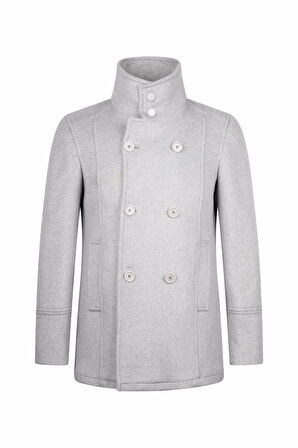 Gri Slim Fit Kruvaze Yünlü Kaşe Kaban | L