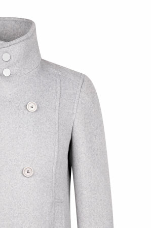 Gri Slim Fit Kruvaze Yünlü Kaşe Kaban | L