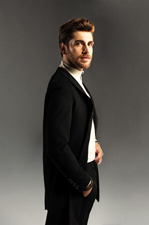 Siyah Slim Fit Ceket Yaka Yünlü Kaşe Palto | 3XL