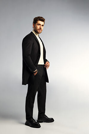 Siyah Slim Fit Ceket Yaka Yünlü Kaşe Palto | 3XL