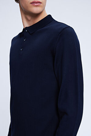 Lacivert Regular Fit Düz Polo Yaka Yünlü Triko Kazak | M
