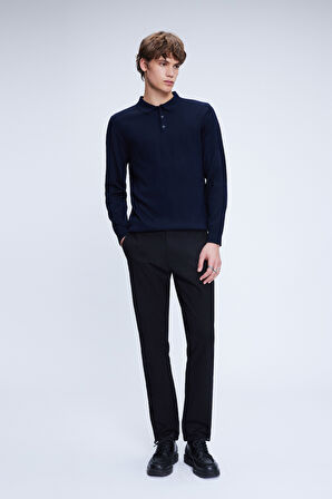 Lacivert Regular Fit Düz Polo Yaka Yünlü Triko Kazak | XS