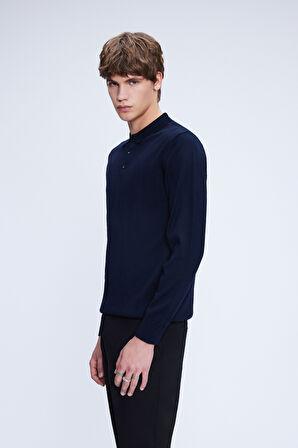Lacivert Regular Fit Düz Polo Yaka Yünlü Triko Kazak | XS