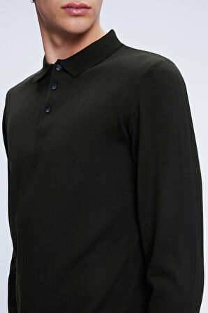 Haki Regular Fit Düz Polo Yaka Yünlü Triko Kazak | XL