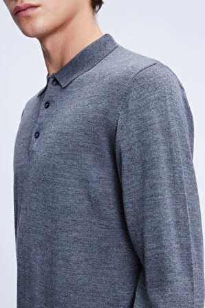 Gri Regular Fit Düz Polo Yaka Yünlü Triko Kazak | XL