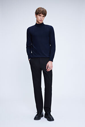 Lacivert Regular Fit Düz Yarım Balıkçı Yaka Yünlü Triko Kazak | XS