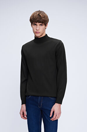 Haki Regular Fit Düz Yarım Balıkçı Yaka Yünlü Triko Kazak | XL