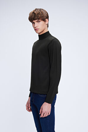 Haki Regular Fit Düz Yarım Balıkçı Yaka Yünlü Triko Kazak | XS