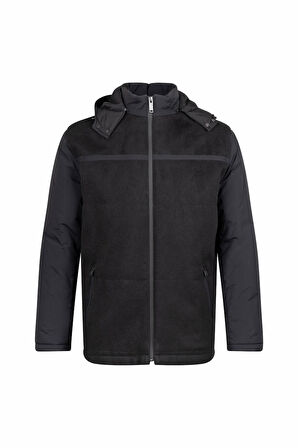 Siyah Regular Fit Hakim Yaka Yünlü Kapüşonlu Şişme Mont | XL