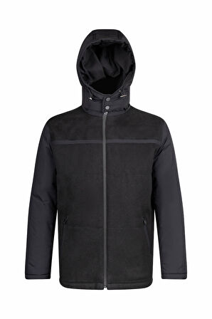 Siyah Regular Fit Hakim Yaka Yünlü Kapüşonlu Şişme Mont | XL