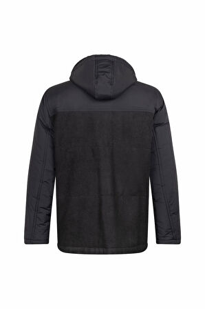 Siyah Regular Fit Hakim Yaka Yünlü Kapüşonlu Şişme Mont | XL