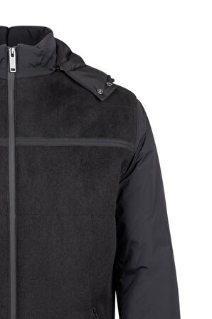 Siyah Regular Fit Hakim Yaka Yünlü Kapüşonlu Şişme Mont | XL