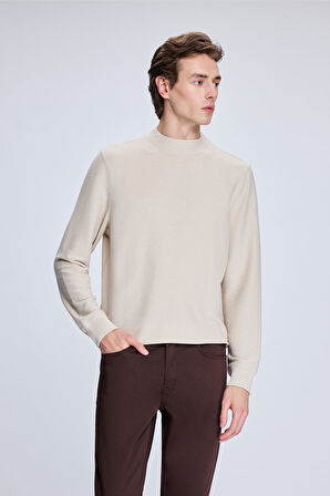 Bej Regular Fit Jakarlı Yarım Balıkçı Yaka Sweatshirt | M
