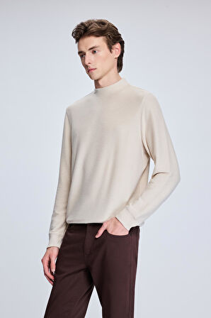 Bej Regular Fit Jakarlı Yarım Balıkçı Yaka Sweatshirt | M