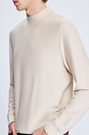Bej Regular Fit Jakarlı Yarım Balıkçı Yaka Sweatshirt | M