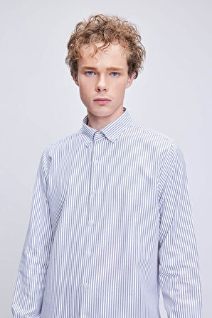 Siyah Comfort Fit Çizgili Pamuklu Düğmeli Yaka Uzun Kollu Casual Gömlek | S