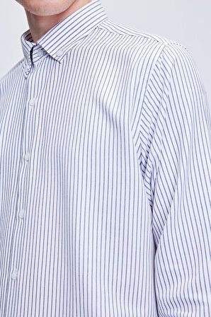 Siyah Comfort Fit Çizgili Pamuklu Düğmeli Yaka Uzun Kollu Casual Gömlek | S