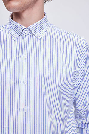 Mavi Comfort Fit Çizgili Pamuklu Düğmeli Yaka Uzun Kollu Casual Gömlek | XL