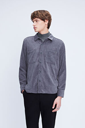 Gri Shacket Comfort Fit Uzun Kol Fitilli Kadife Gömlek | L