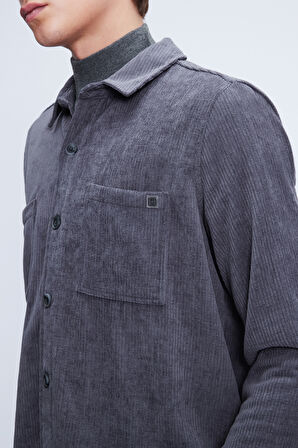 Gri Shacket Comfort Fit Uzun Kol Fitilli Kadife Gömlek | S