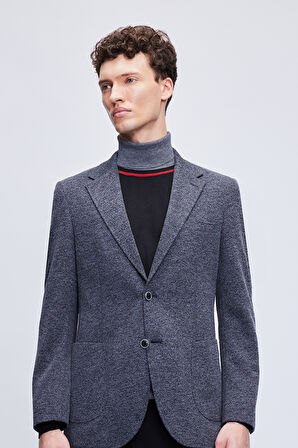 Lacivert Slim Fit Desenli Mono Yaka Klasik Ceket | 48