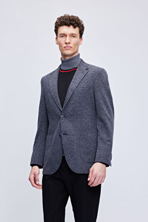 Lacivert Slim Fit Desenli Mono Yaka Klasik Ceket | 48