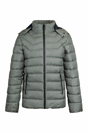 Haki Slim Fit Hakim Yaka Kapüşonlu Şişme Mont | S