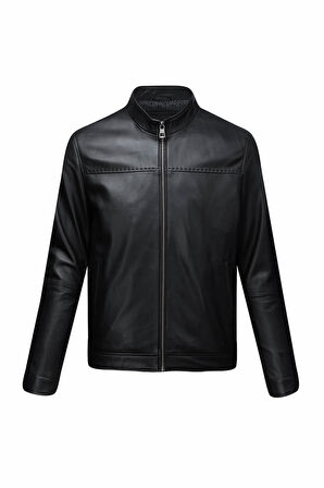 Siyah Slim Fit Hakim Yaka 100% Hakiki Deri Mont | L